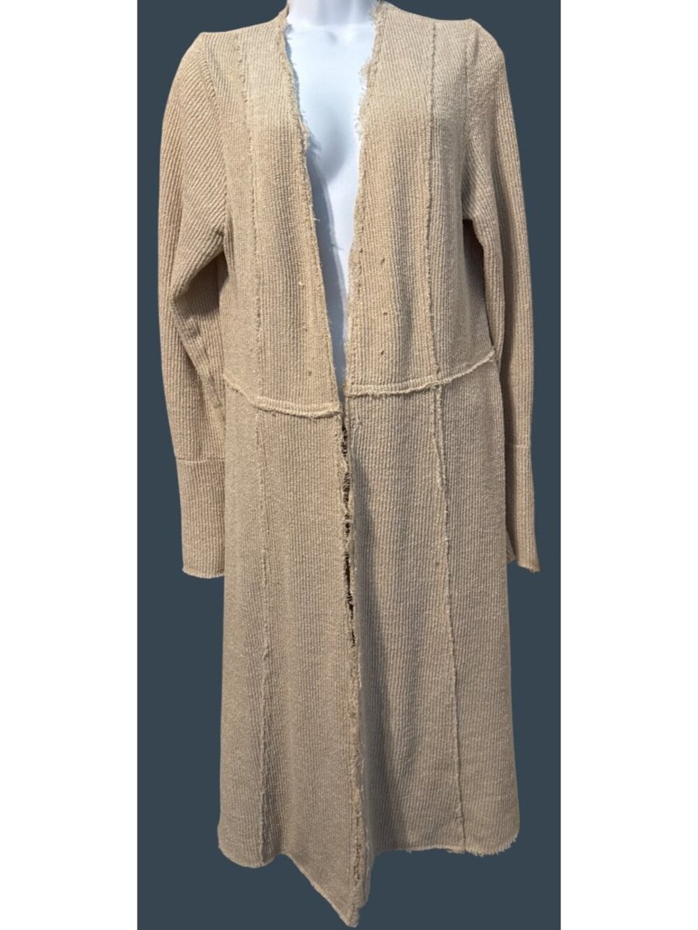 Long Vocal Beige Ribbed Cardigan Duster Raw Seams Frayed Edges Size Large